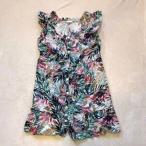 Beach Lunch Lounge Blue White Tropical Floral Ruffle Button Dress